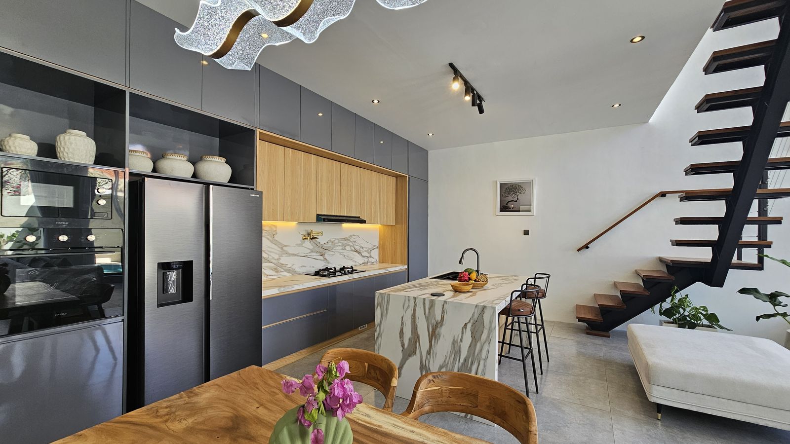 Kitchen, dining and stair at La Tiara Canggu