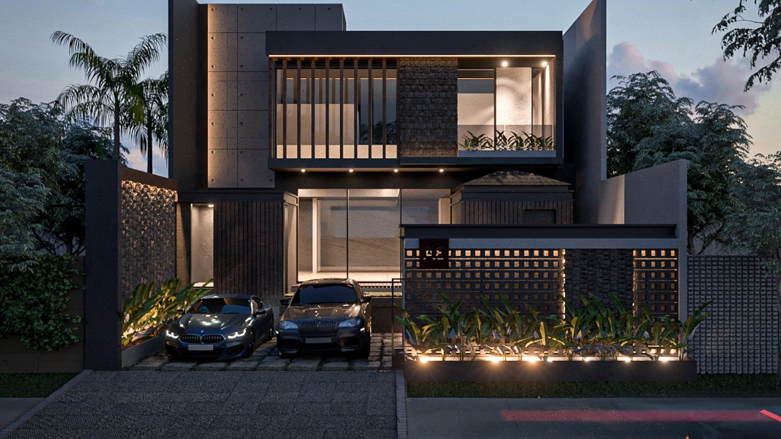 TS House at night, the upper level screened in timber and lit from within